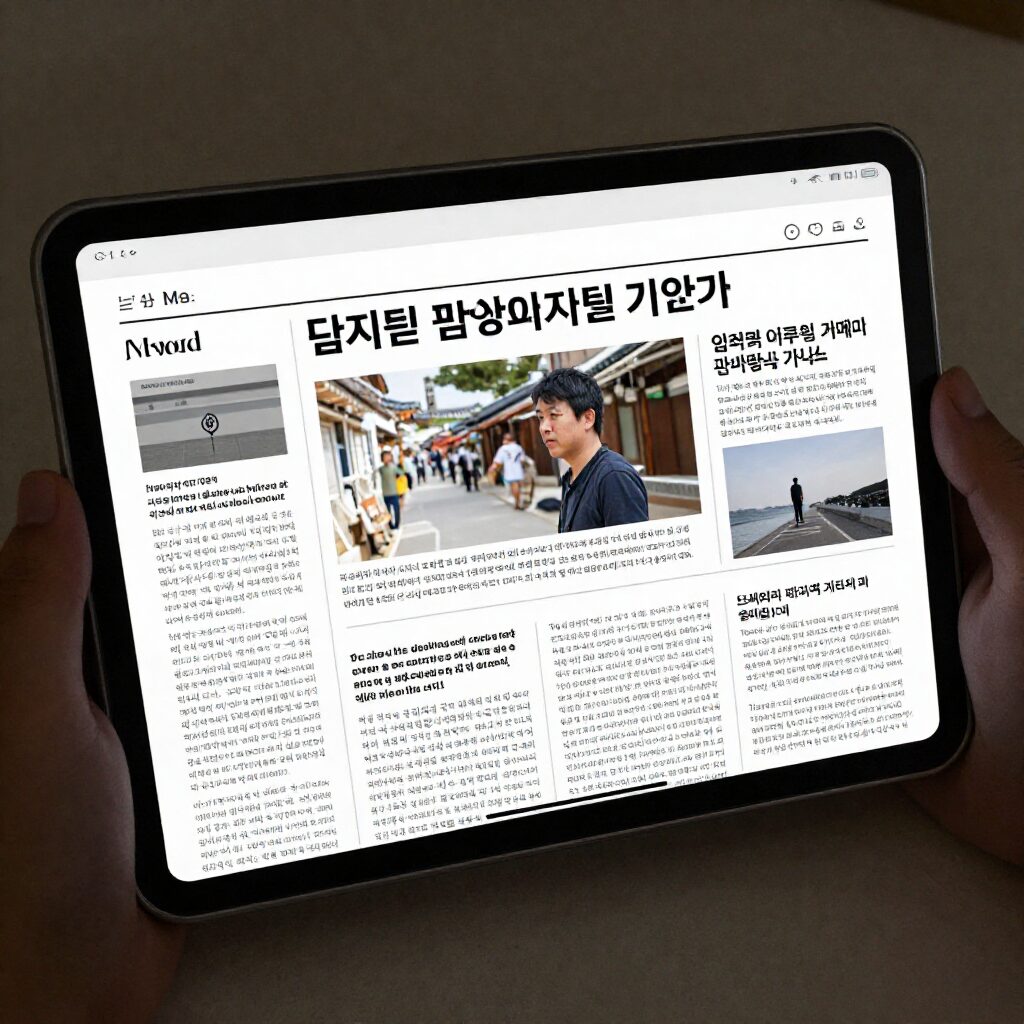 태블릿 화면에 표시된 디지털 신문 기사와 노트 앱 인터페이스
