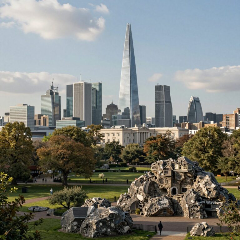 그리니치 공원에서 바라본 런던 도심과 카나리 워프의 스카이라인