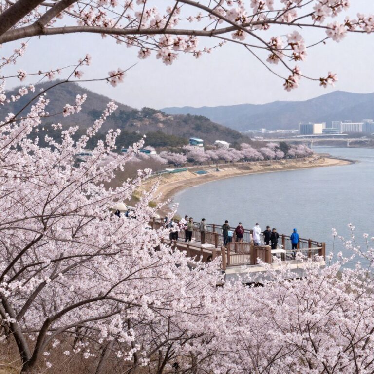 광양 매화마을 전망대에서 바라본 섬진강과 매화꽃 풍경