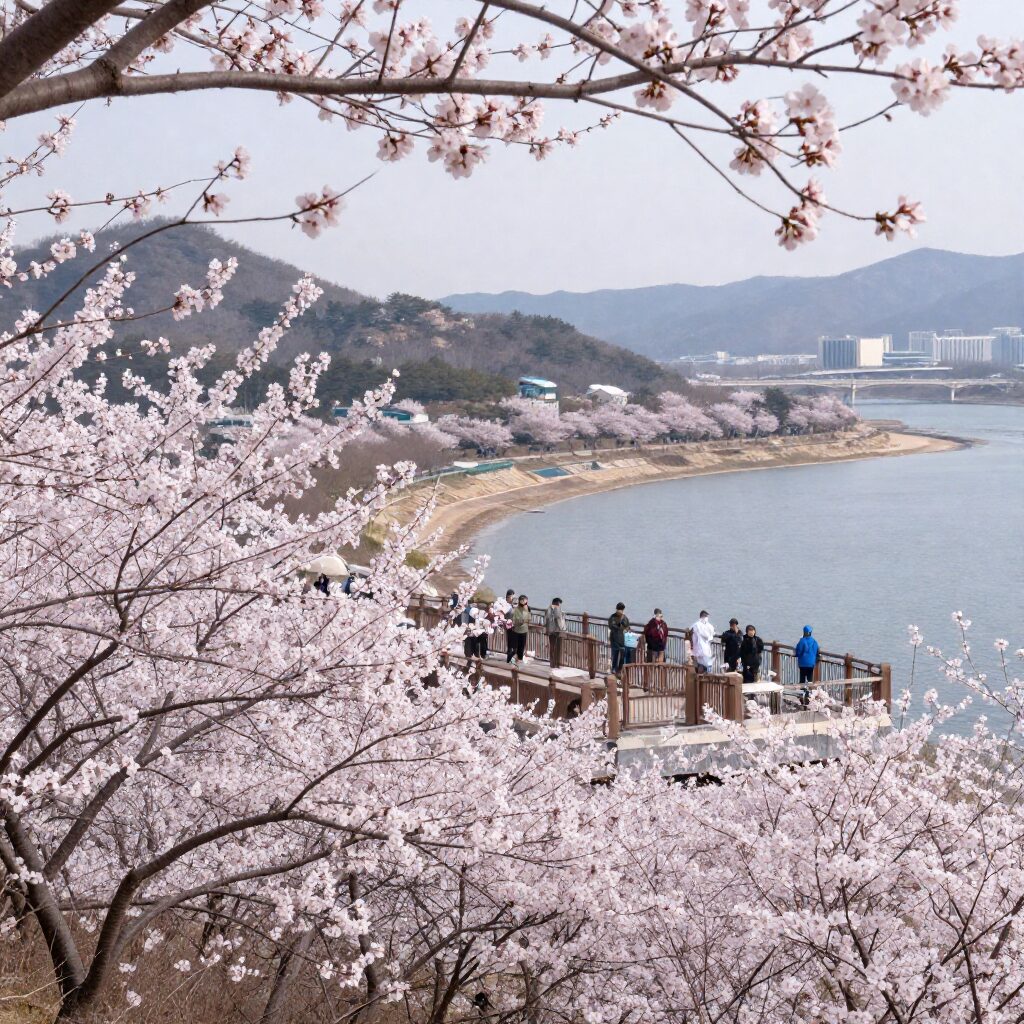광양 매화마을 전망대에서 바라본 섬진강과 매화꽃 풍경