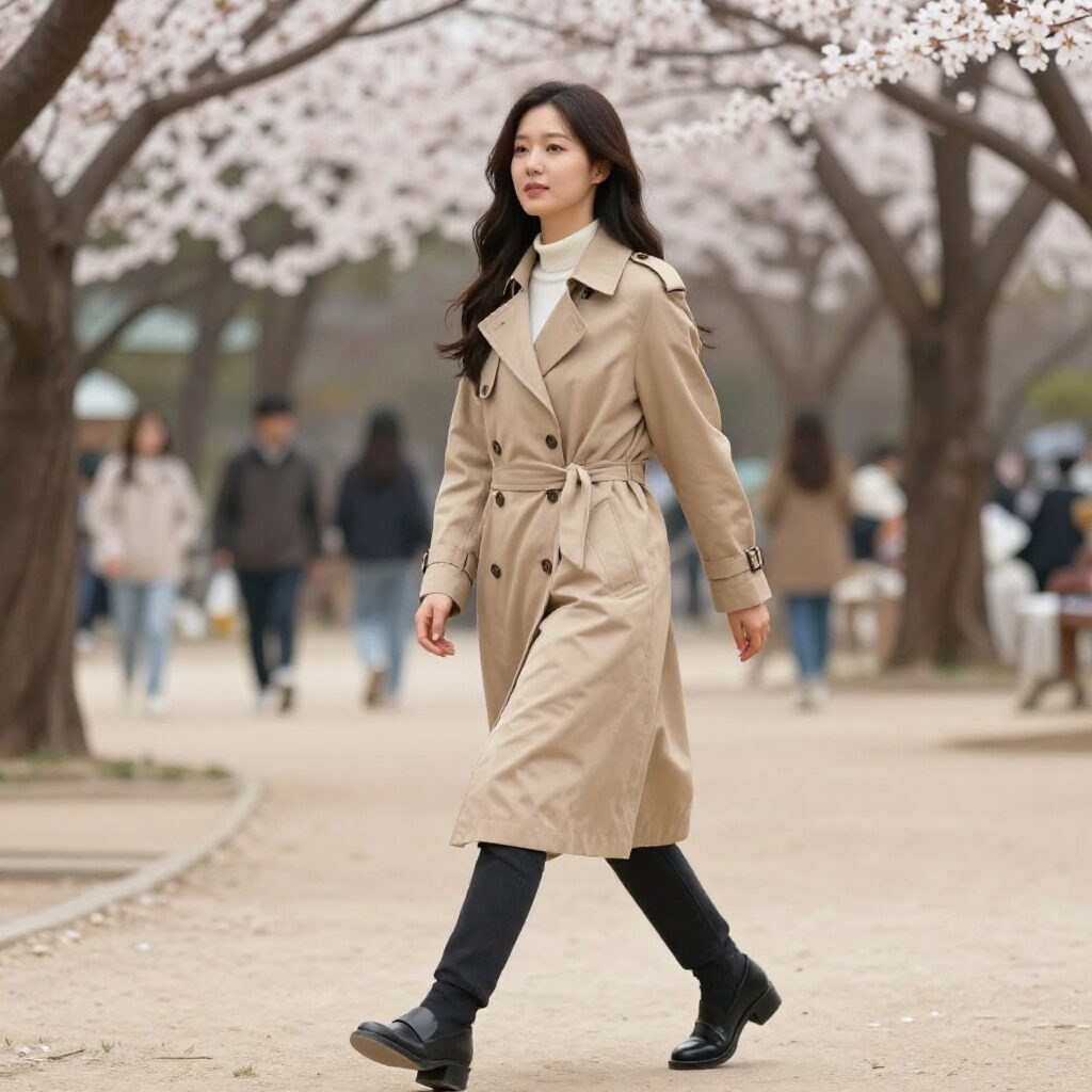 잇미샤 트렌치코트를 입은 여성이 봄 공원에서 걸어가는 모습