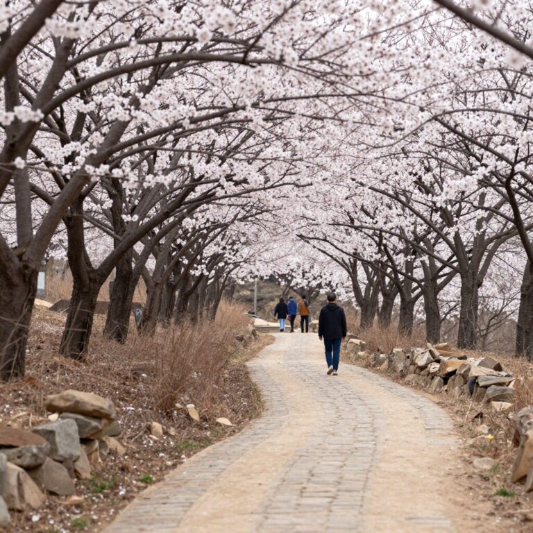 진주매화숲의 매화가 핀 산책로 경치
