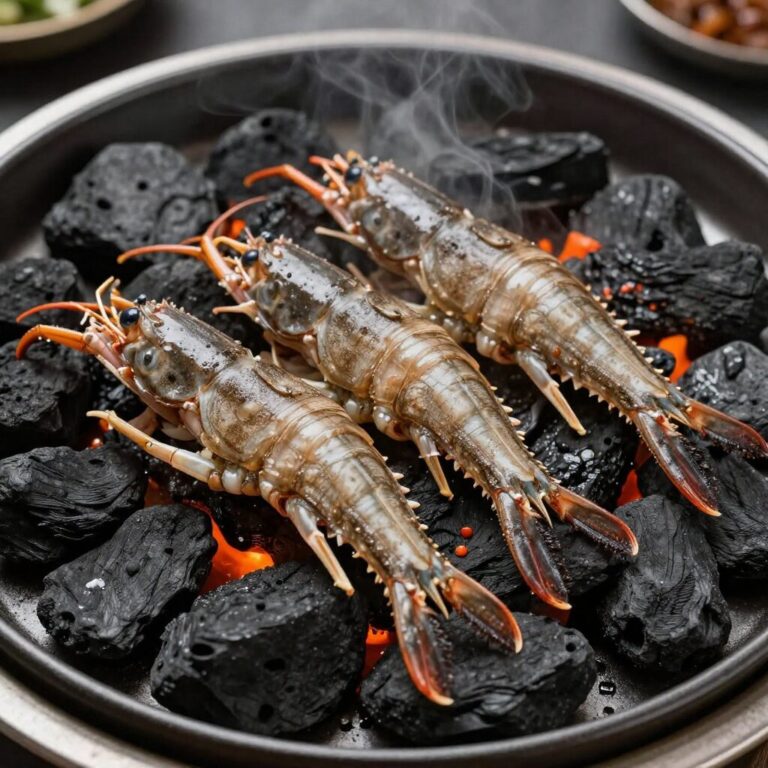 숯불 위에 구워져 은은한 향을 풍기는 쭈꾸미 요리 접시