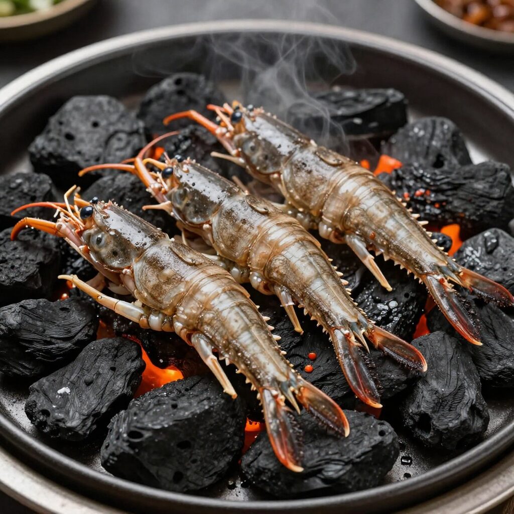 숯불 위에 구워져 은은한 향을 풍기는 쭈꾸미 요리 접시