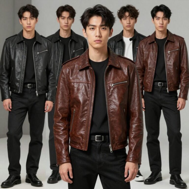여러가지 스타일의 레더자켓을 코디한 사진