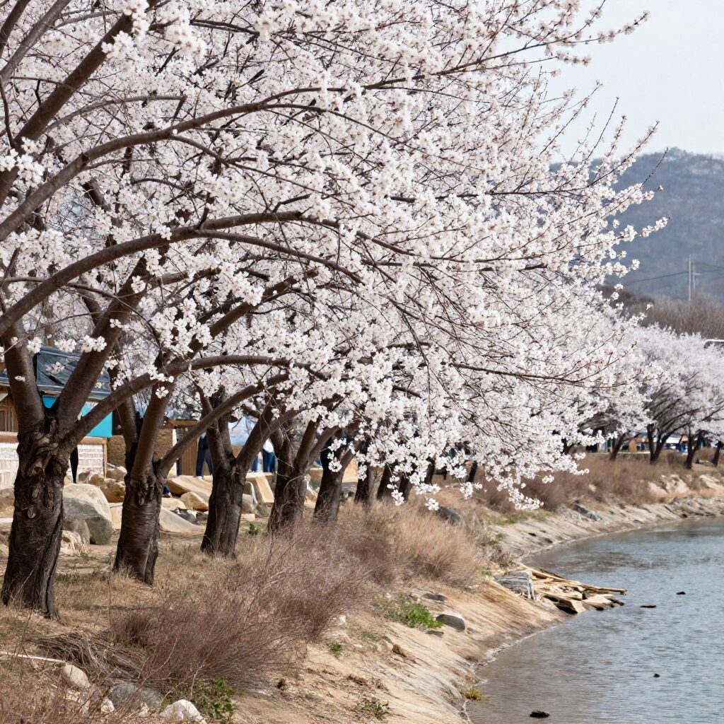 광양 매화마을의 섬진강과 하얀 매화나무 풍경