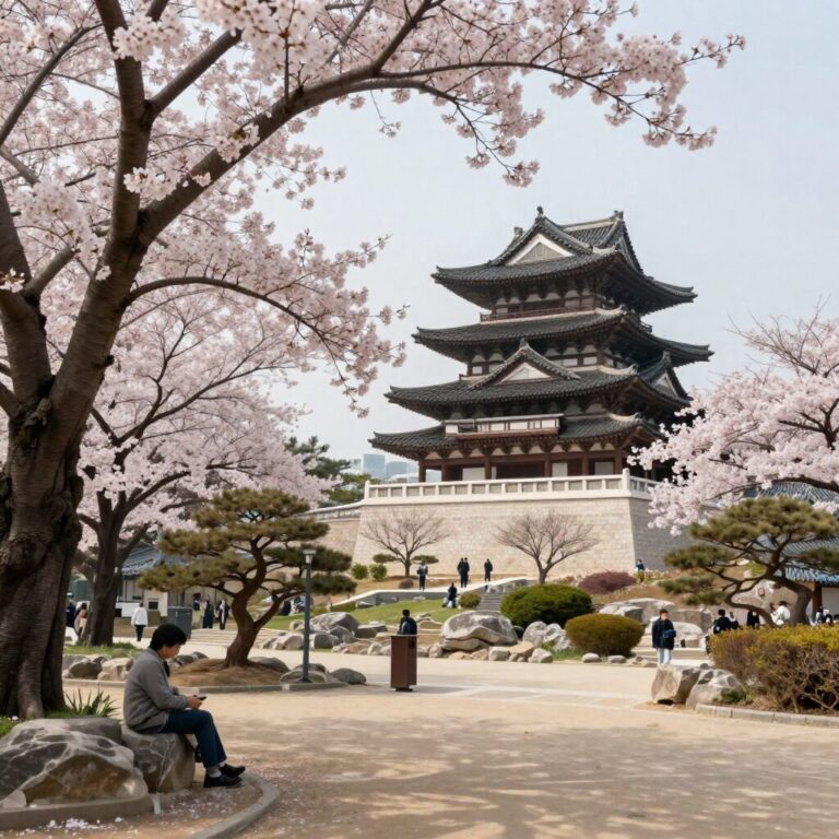 벚꽃이 만개한 나고야 성과 주변 정원 풍경