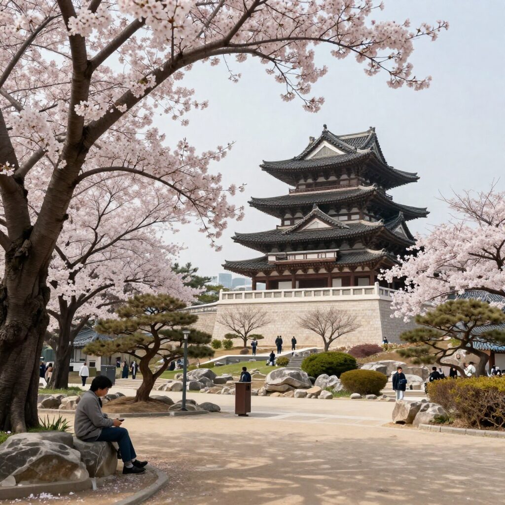 벚꽃이 만개한 나고야 성과 주변 정원 풍경