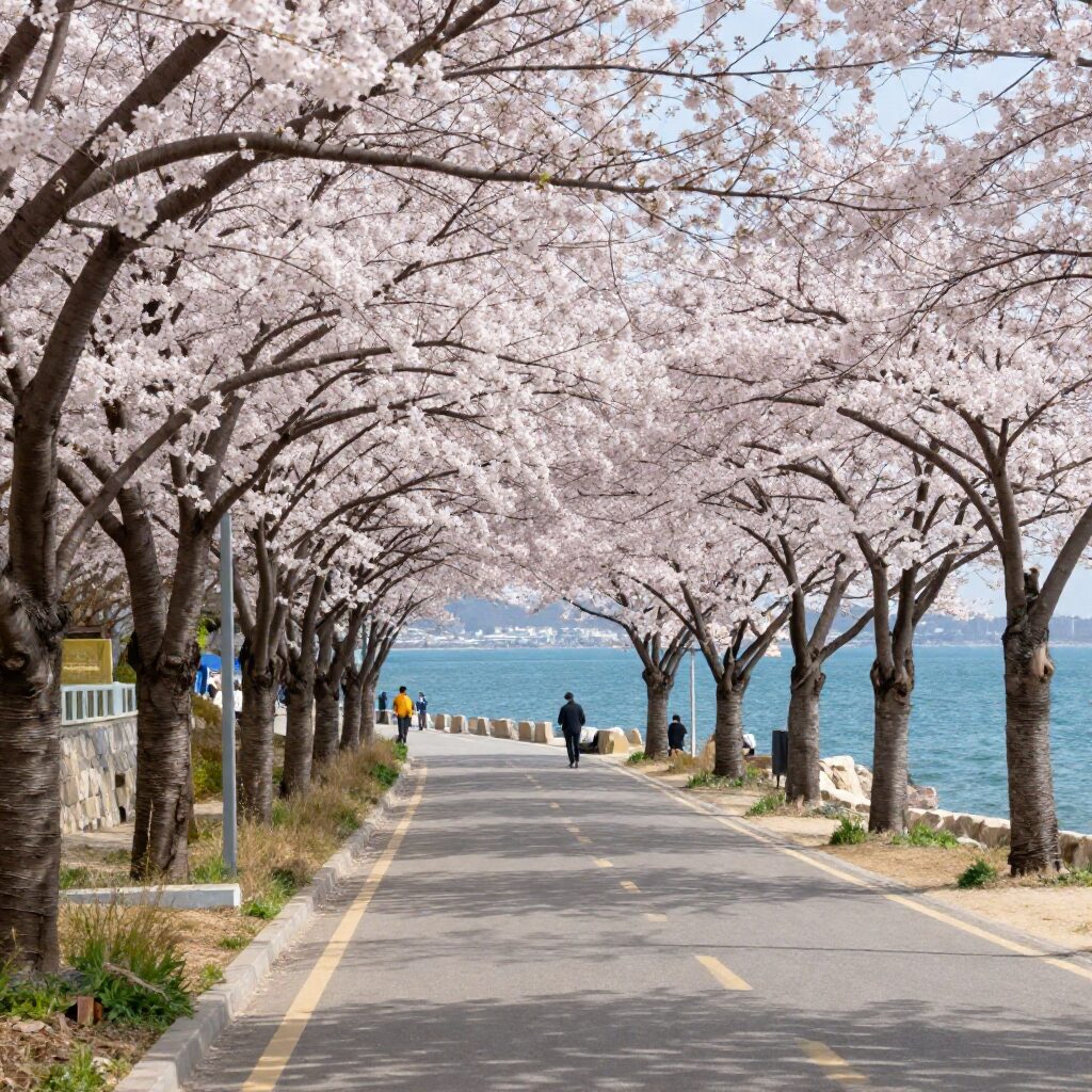 남해 왕지벚꽃길의 벚꽃 터널과 푸른 바다가 함께 보이는 봄 풍경
