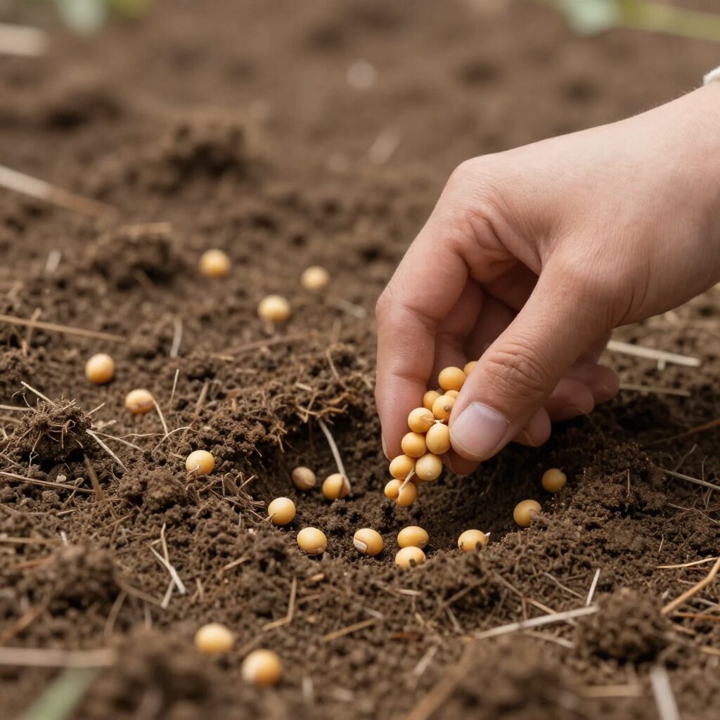 완두콩 씨앗을 흙에 심는 과정
