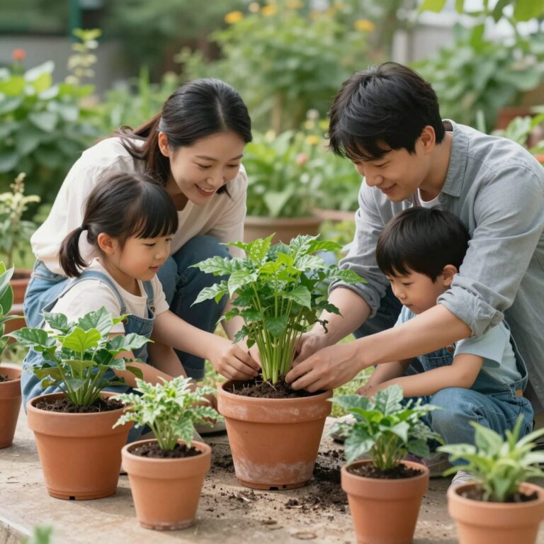 가족이 함께 화분에 식물을 심고 있는 모습