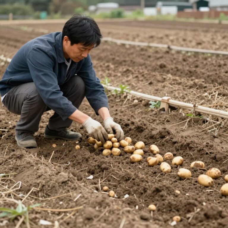 감자 심는 간격과 깊이를 보여주는 텃밭 사진
