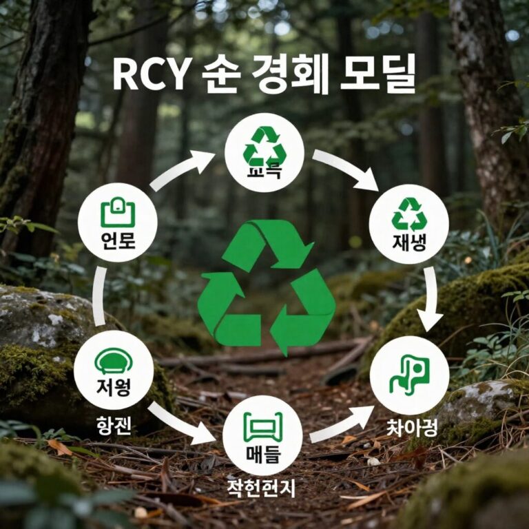 RCY 순환 경제 모델을 설명하는 다이어그램으로 제조 사용 회수 재생의 과정을 보여줌