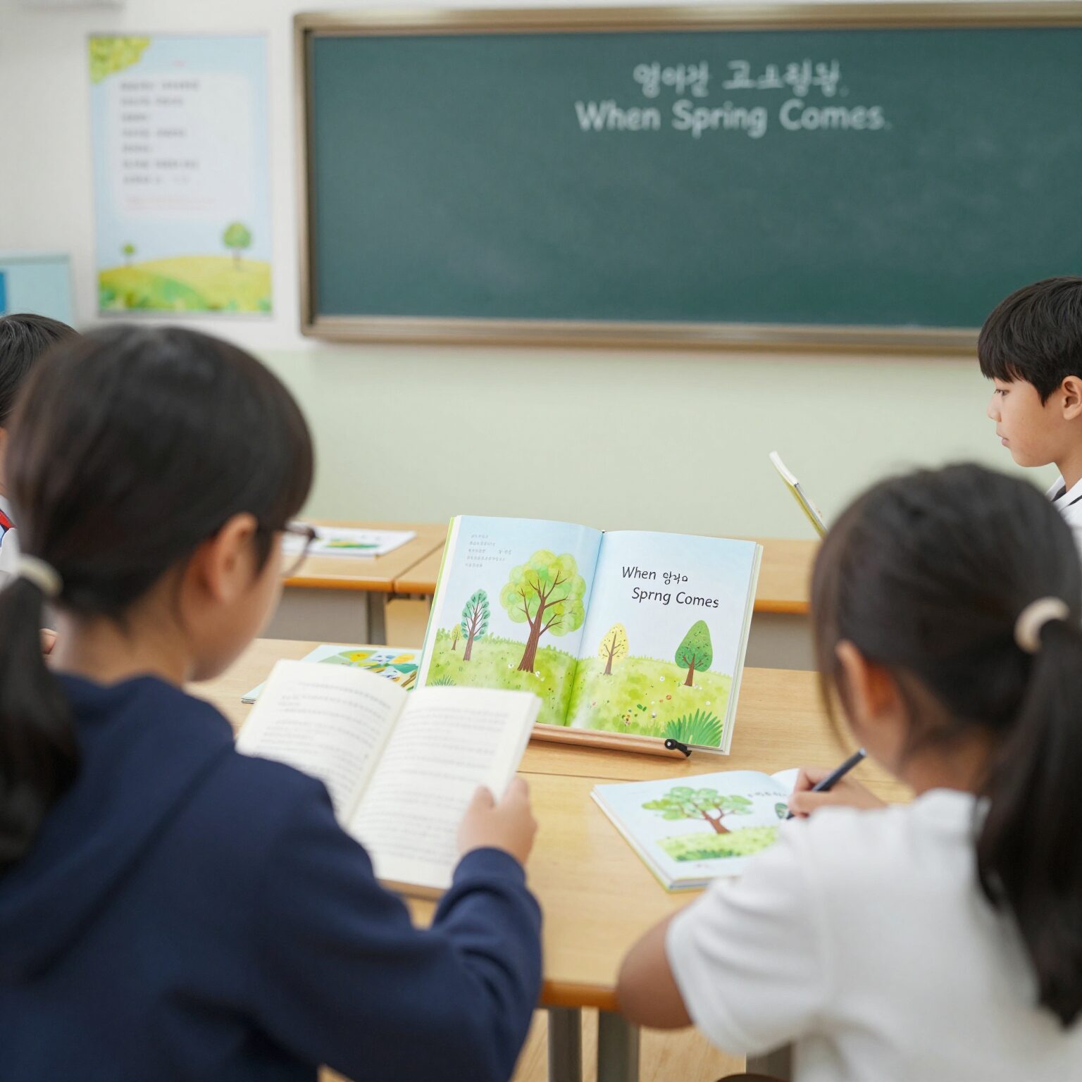 아이들과 함께 봄 영어 그림책 When Spring Comes를 읽는 수업 모습