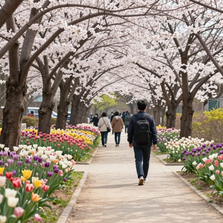 봄 햇살이 비치는 공원 산책로와 핀 꽃들