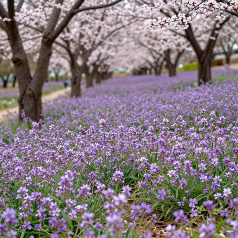 고흥 쑥섬 별정원의 봄 야생화와 보라색 유채꽃