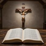 십자가의 길 기도문 책과 성경이 나란히 놓여 있고 그 위에 십자가가 있는 정적인 묵상 공간