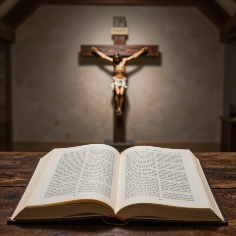 십자가의 길 기도문 책과 성경이 나란히 놓여 있고 그 위에 십자가가 있는 정적인 묵상 공간