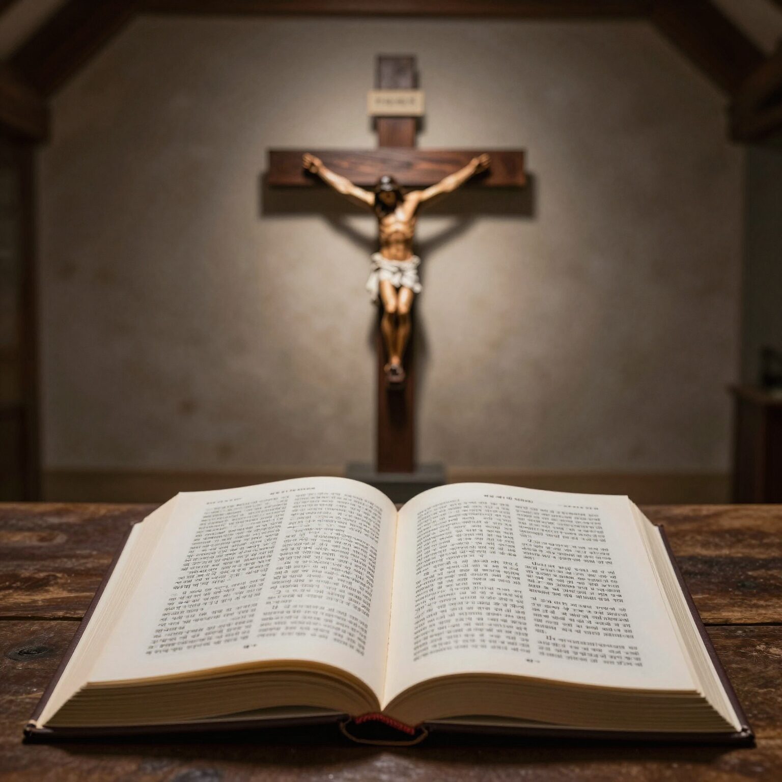 십자가의 길 기도문 책과 성경이 나란히 놓여 있고 그 위에 십자가가 있는 정적인 묵상 공간