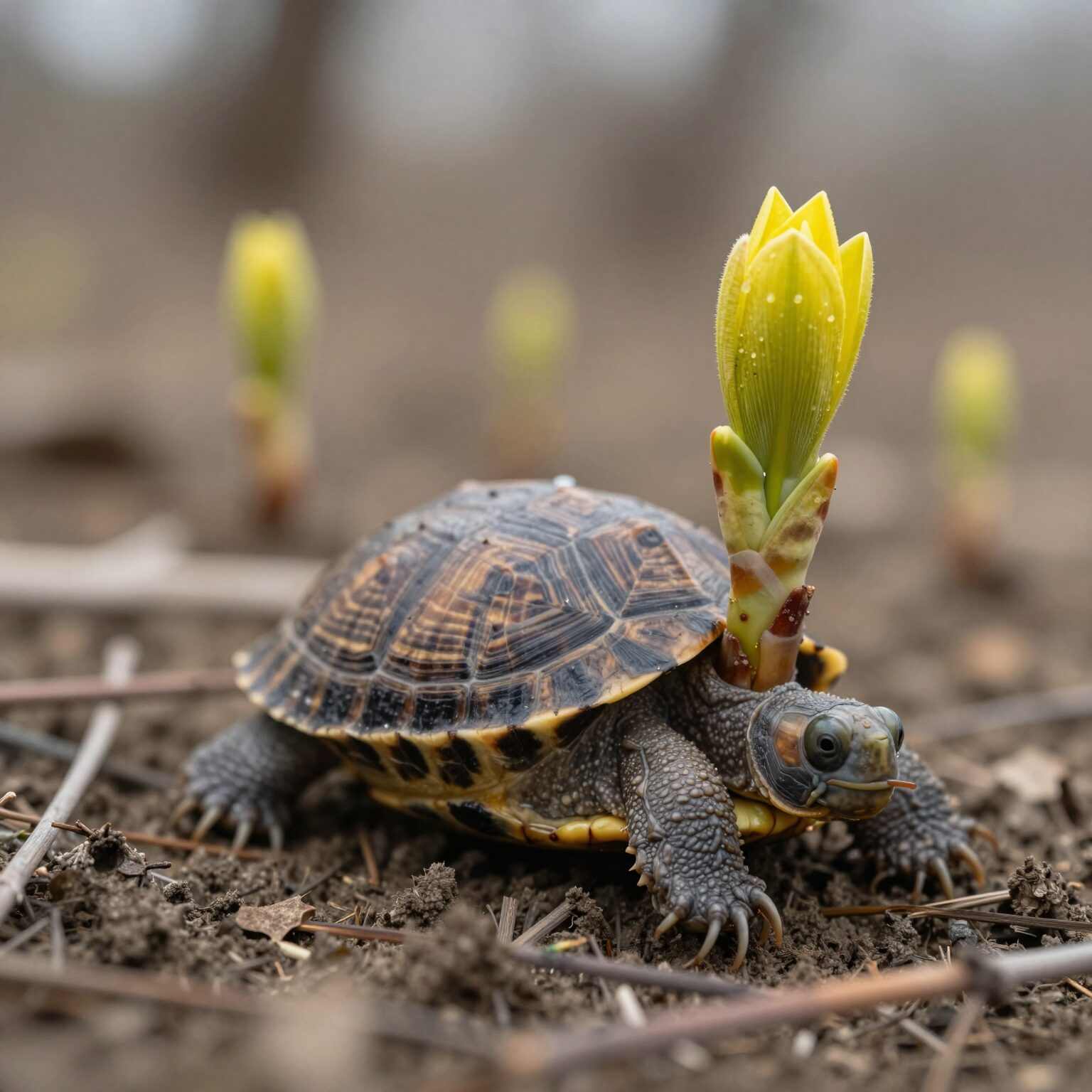 봄 산속에서 돋아난 귀룽나무의 연두색 새순과 거북이 등같은 수피