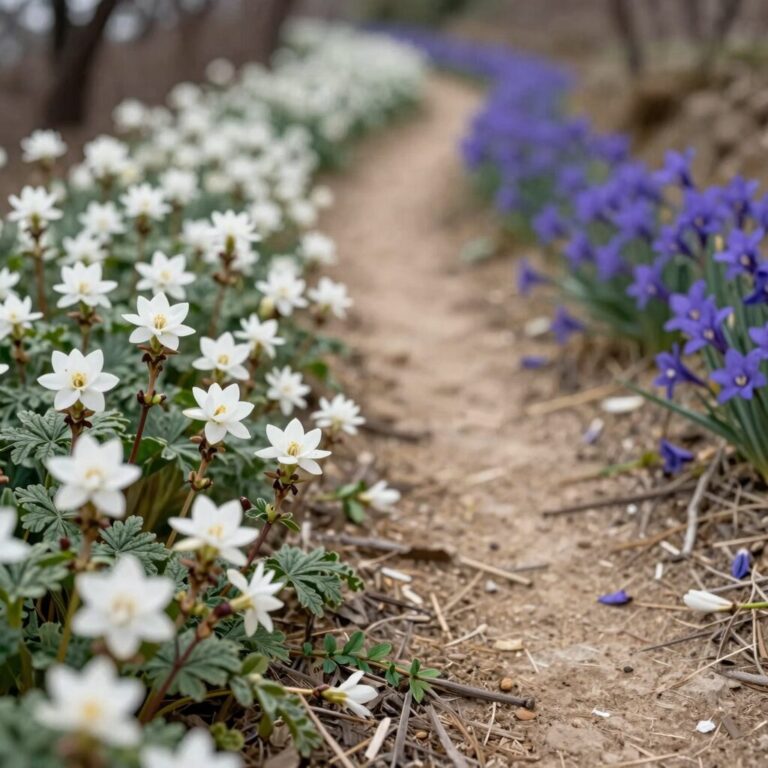 산길에 핀 진달래와 철쭉 나란히 비교 사진, 꽃과 잎의 상태 차이를 확인할 수 있음