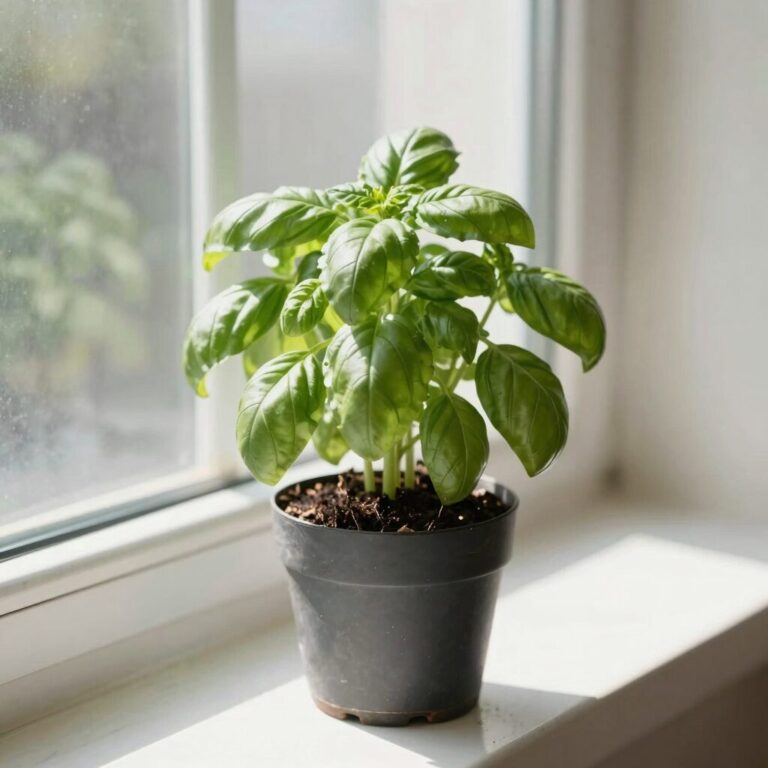 햇빛이 잘 드는 창가에 놓여 건강하게 자라고 있는 바질트리 화분