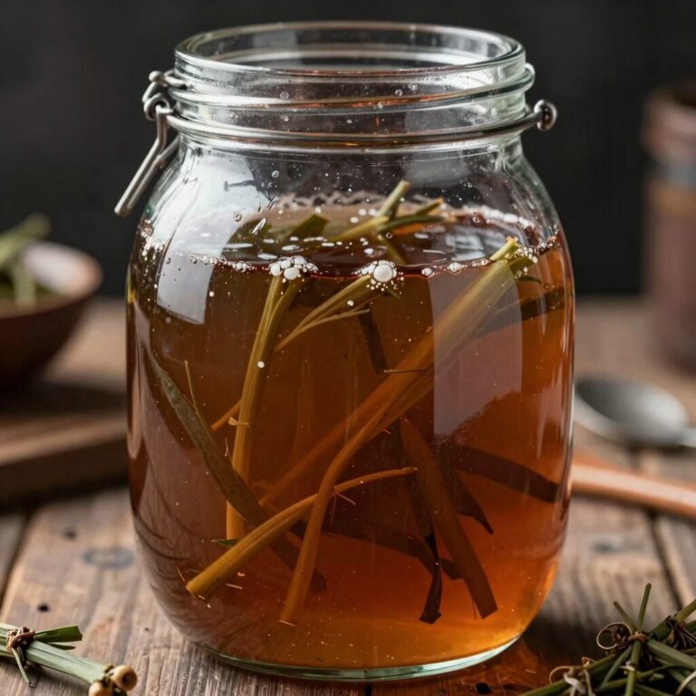 유리병에 담긴 갈색 간장물 속의 싱싱한 두릅짱아치