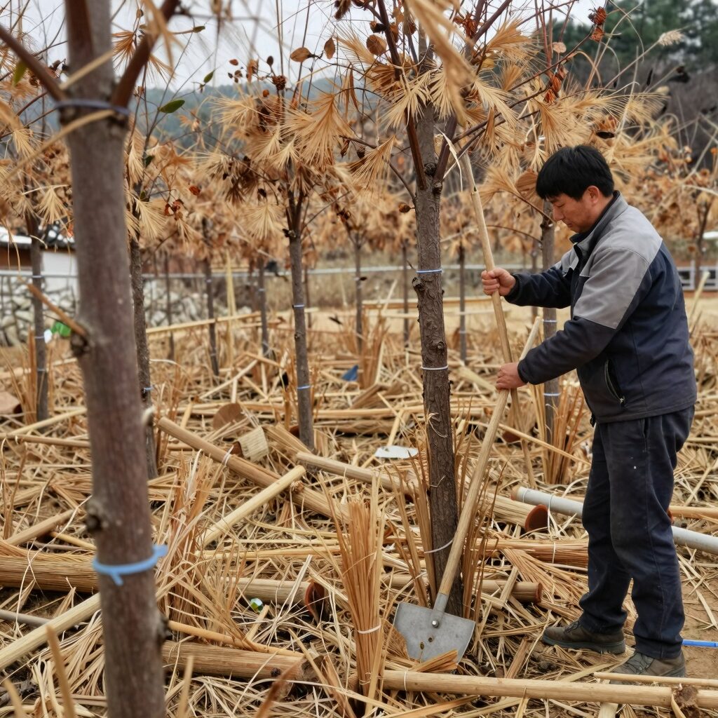 음나무순 수확 도구를 사용하여 높은 가지의 엉개나물을 따는 모습