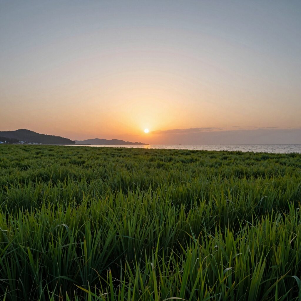 가파도 노을이 지는 청보리밭과 바다 풍경