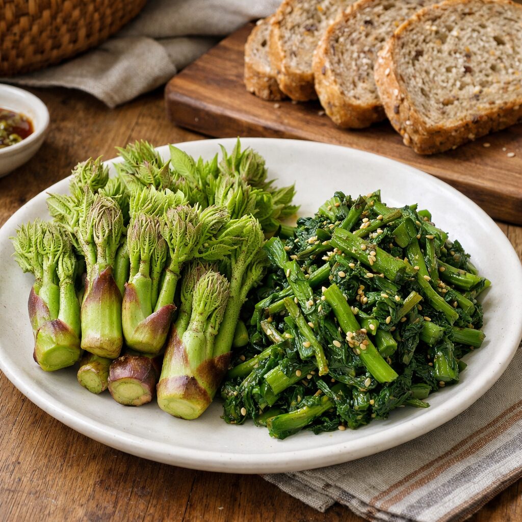 접시에 담긌 신선한 개두릅과 데친 개두릅 나물, 배경에 통밀빵