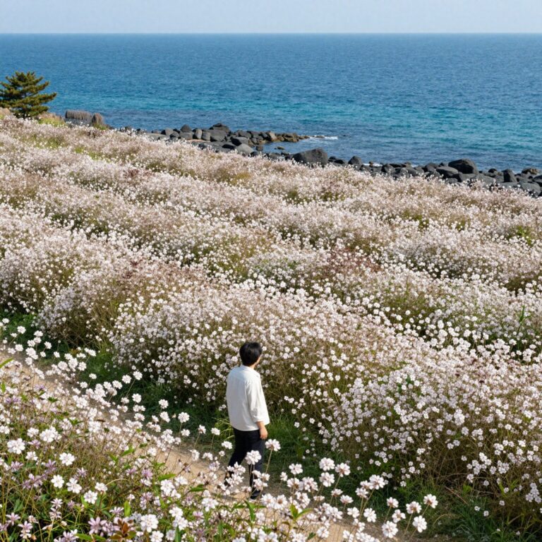 포항 호미곶 유채꽃밭과 푸른 동해 배경의 광활한 풍경