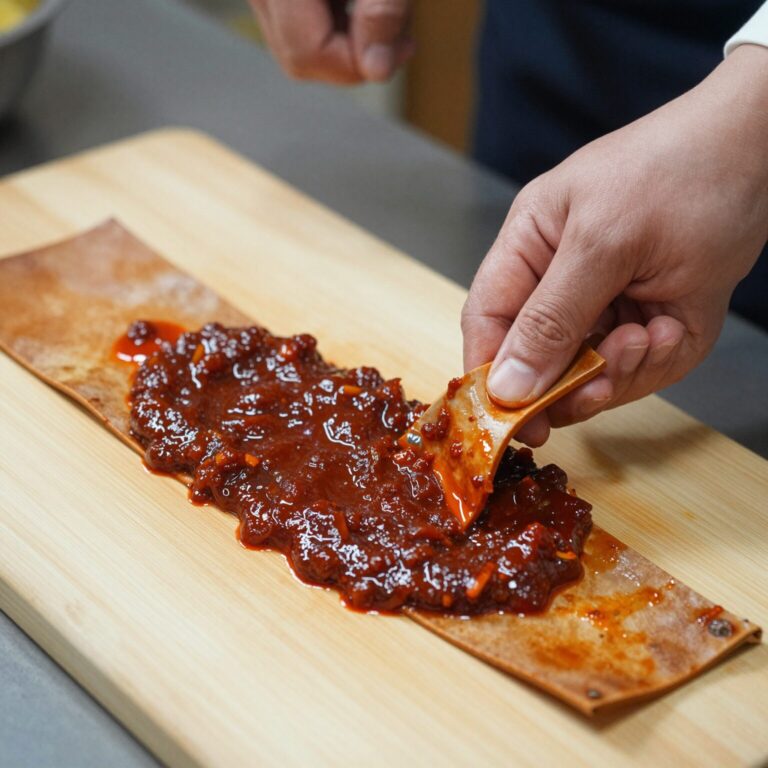 손질된 가죽나물을 고추장 양념에 무치는 과정