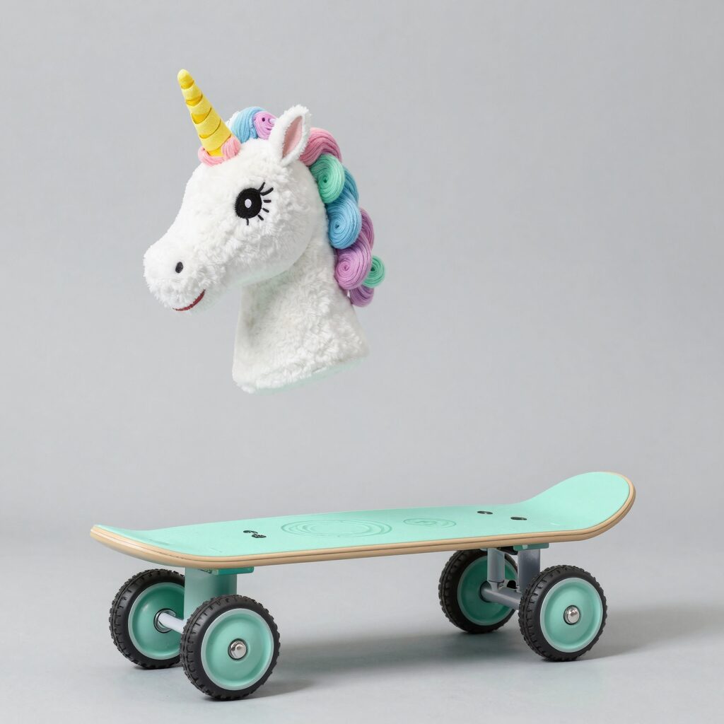 미토 올뉴카 유아킥보드 파스텔민트 색상 실사용 사진, 광폭 LED 바퀴와 유니콘 헤드가 부착되어 있음