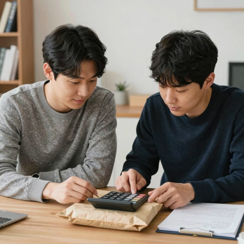 양가부모님용돈 고민하는 부부가 테이블에 앉아 계산기와 봉투를 놓고 상담하는 모습