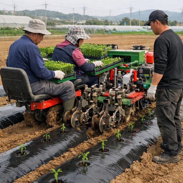 고추심는기계로 밭에 모종을 심고 있는 모습