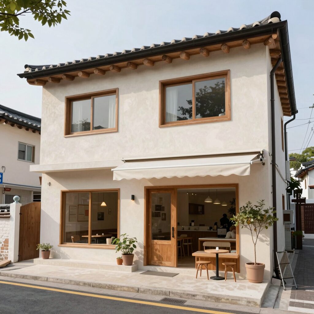 서울 종로구 서촌에 위치한 레스피레베이커리 외관, 2층 단독주택을 개조한 야외 테라스 카페