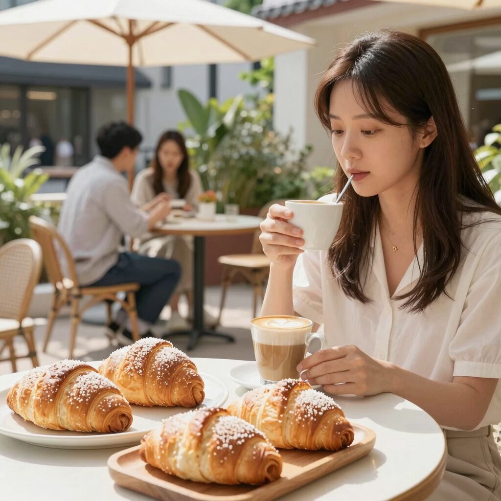 레스피레베이커리 야외 테라스 공간에서 소금빵과 커피를 즐기는 모습, 봄볕이 따뜻한 분위기