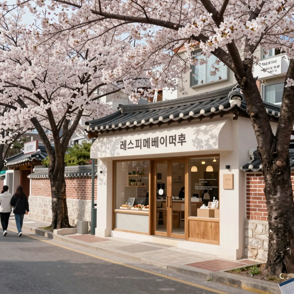 서촌 골목길에서 본 봄 풍경, 벚꽃이 만개한 거리와 레스피레베이커리 외관이 보임