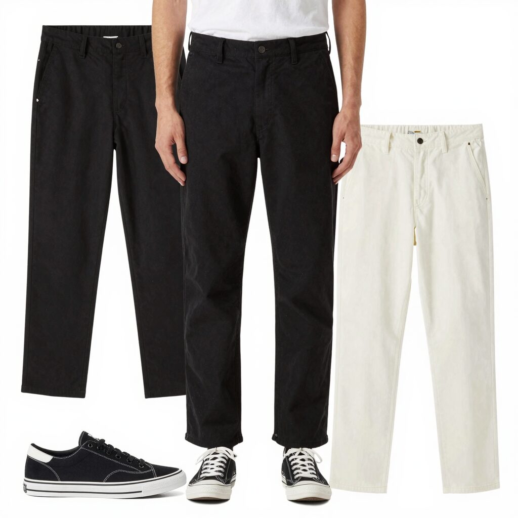 아웃클로즈 남자플리츠팬츠 블랙과 아이보리 컬러 모델 착용샷으로 데일리룩 코디 예시
