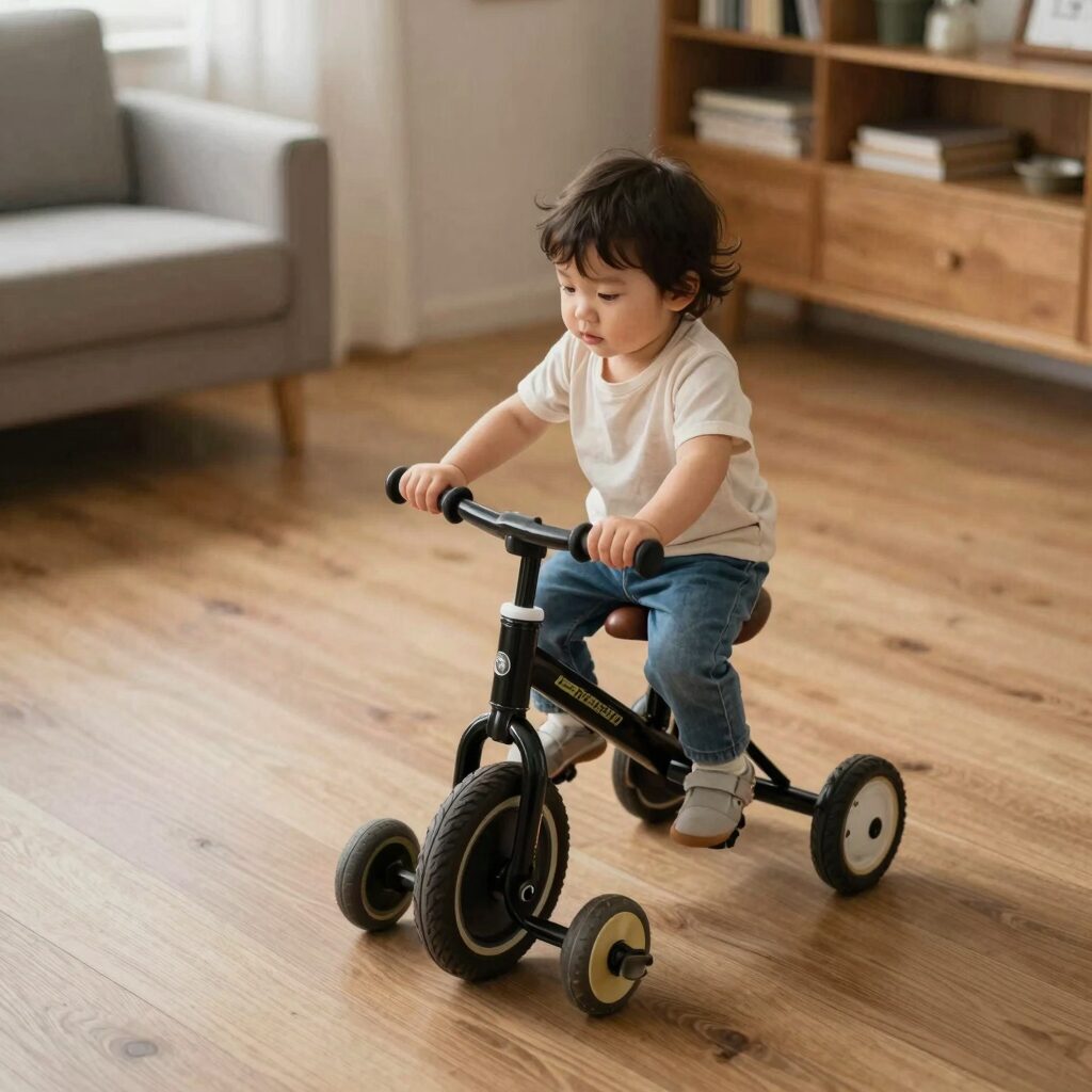 거실 바닥에서 유아가 세발자전거를 타고 있는 모습. 아이가 안정적으로 앉아 발이 바닥에 닿아 있다.