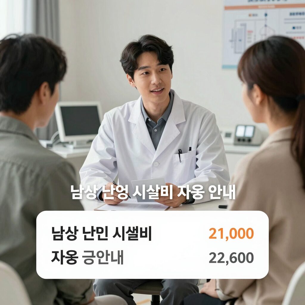 남성 난임 시술비 지원 안내 이미지, 의사가 환자와 상담하는 모습과 지원 금액 그래픽