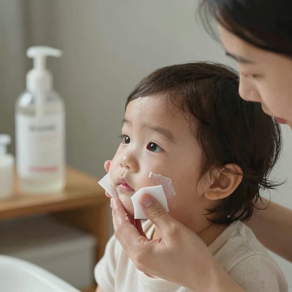 엄마가 화장솜에 유아클렌징워터를 묻혀 아이 얼굴을 부드럽게 닦아주는 장면