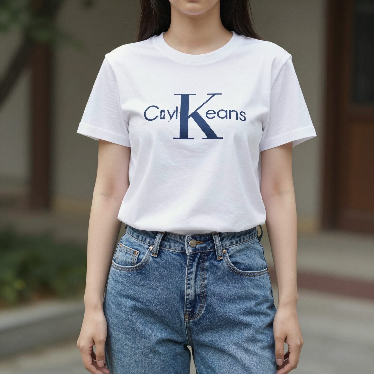 흰색 CK 모노그램 반팔티를 입고 청바지와 매치한 여성 데일리룩 전신샷