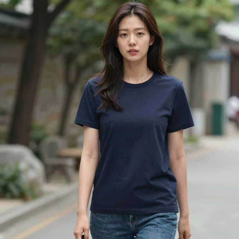제이린드버그 반팔 티셔츠를 입은 여성의 캐주얼 스타일링 모습