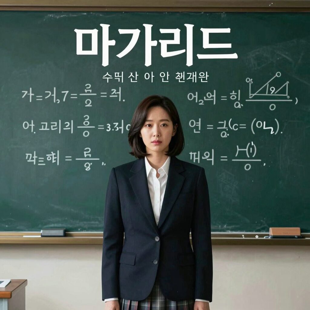 영화 마거리트의 정리 포스터, 주인공 마거리트가 수학 공식이 적힌 칠판 앞에 서 있는 모습