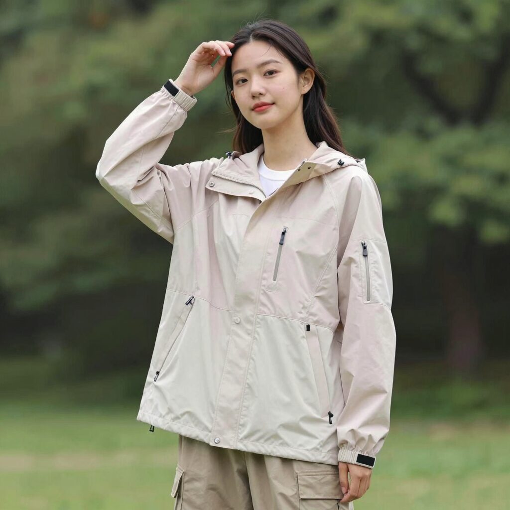파스텔톤 여름 여성 경량 바람막이 자켓을 입고 야외에서 포즈를 취한 모습